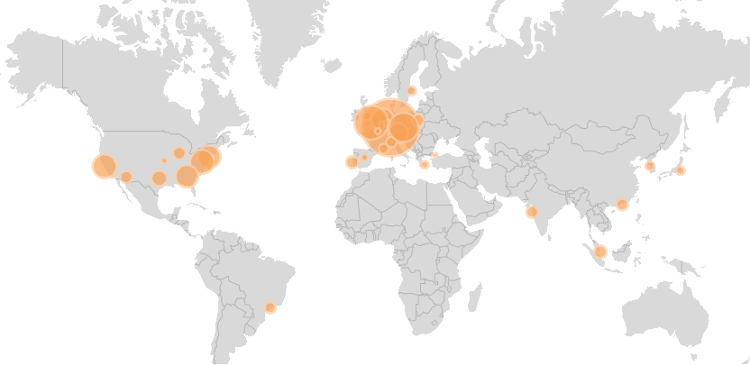 Worldwide locations for the areas where WordPress speed optimization tests originated from.