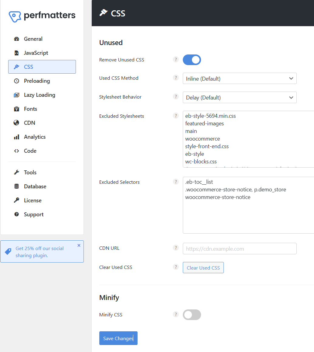 Perfmatters CSS settings
