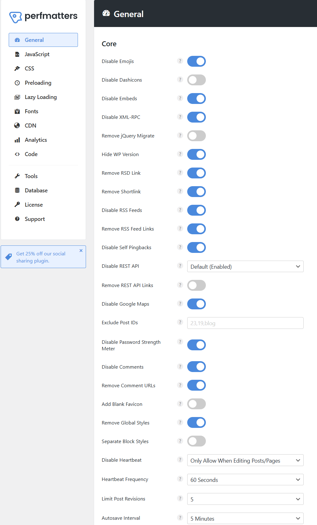 Perfmatters general settings