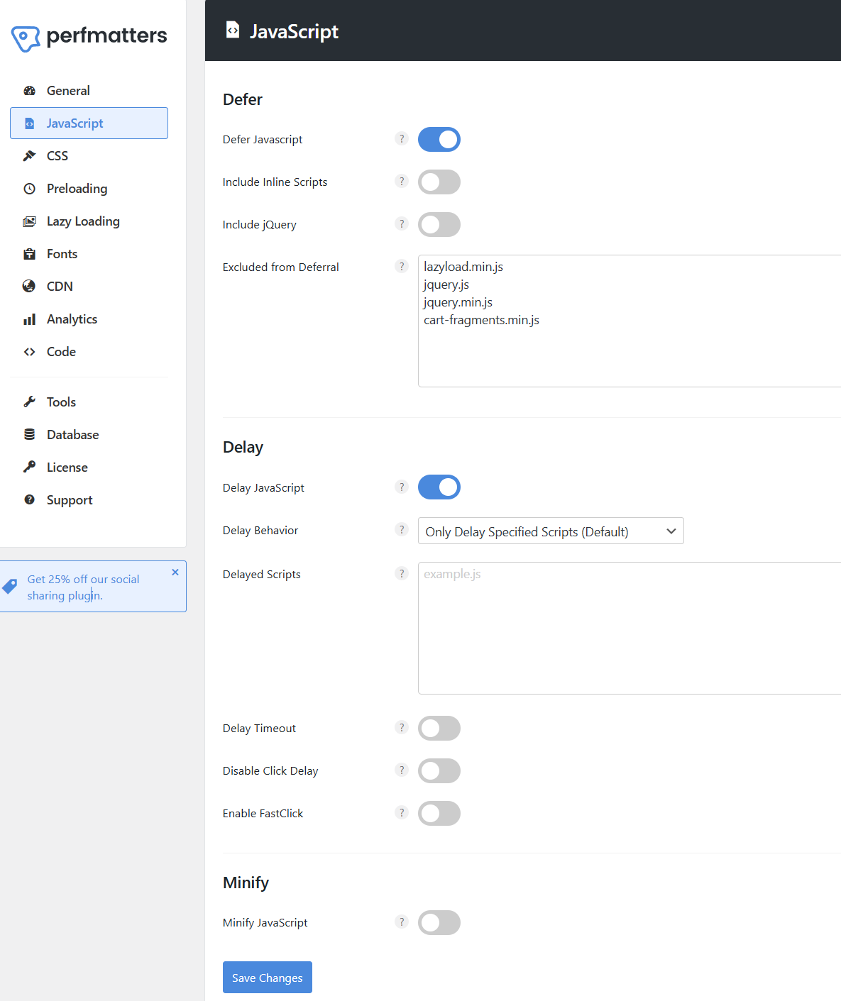 Perfmatters JS settings