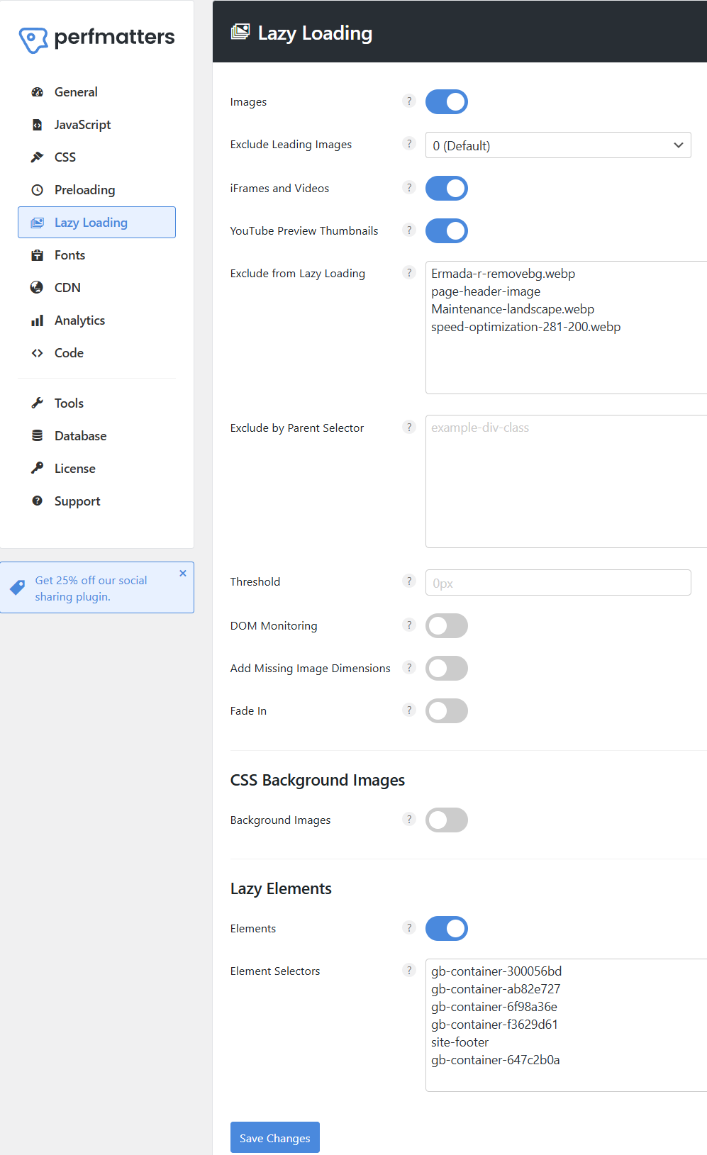 Pefmatters lazy loading settings