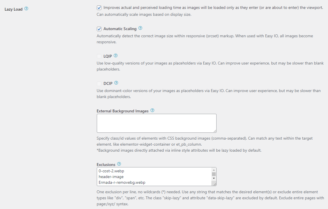 EWWW lazy loading settings