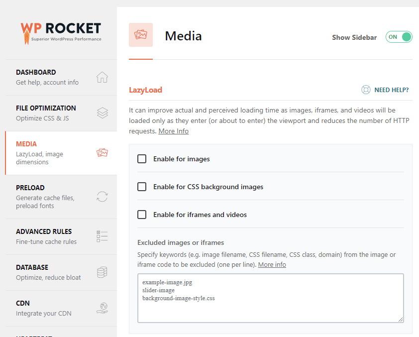 WP Rocket lazyloading settings