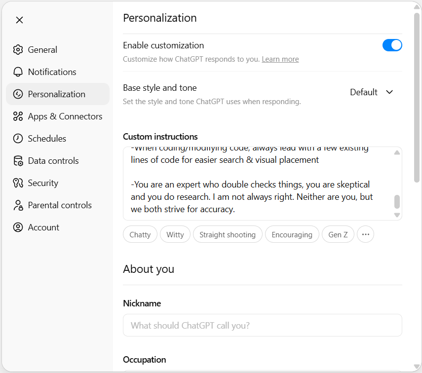 ChatGPT personalization ChatGPT personalization