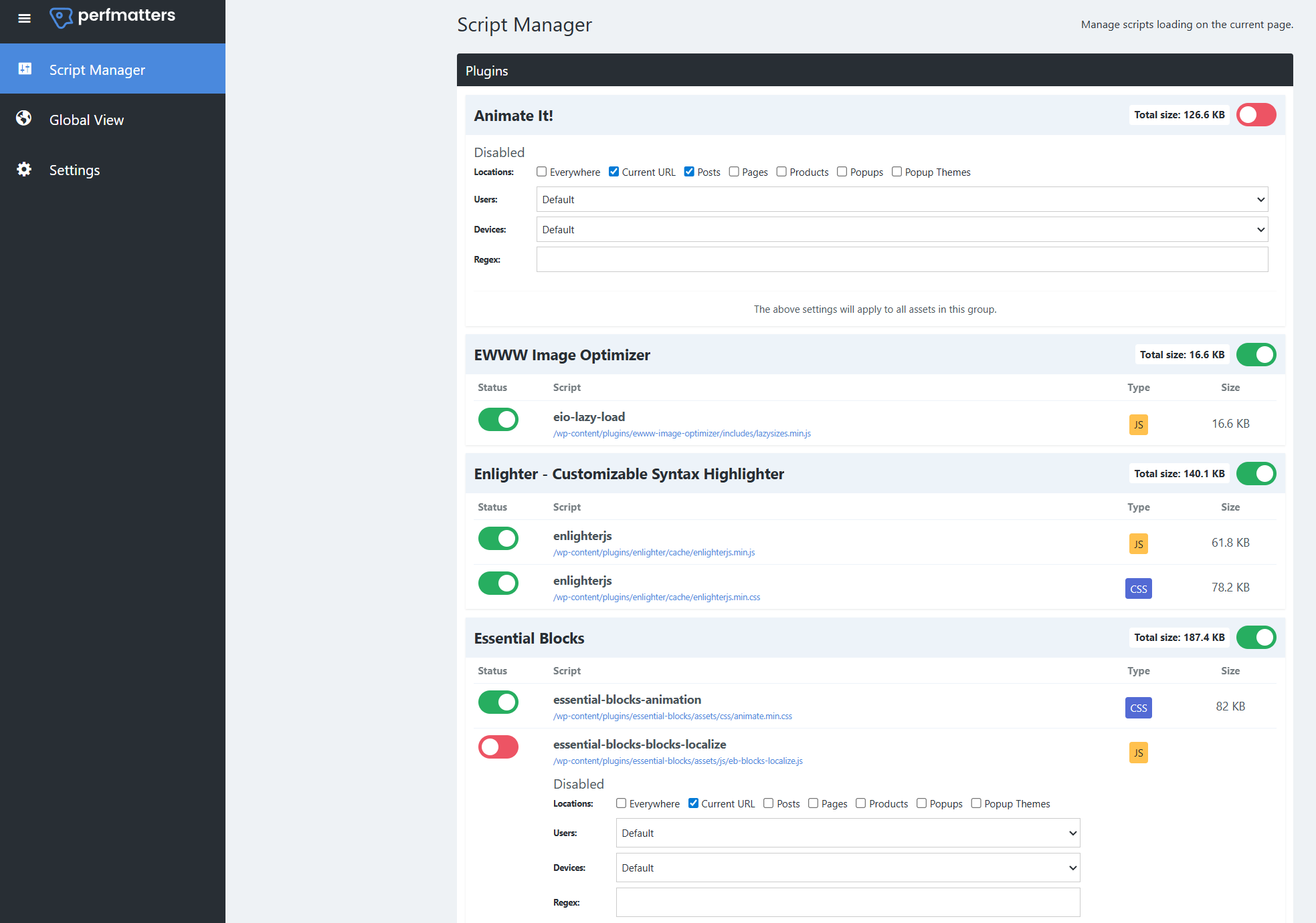 Perfmatters script manager