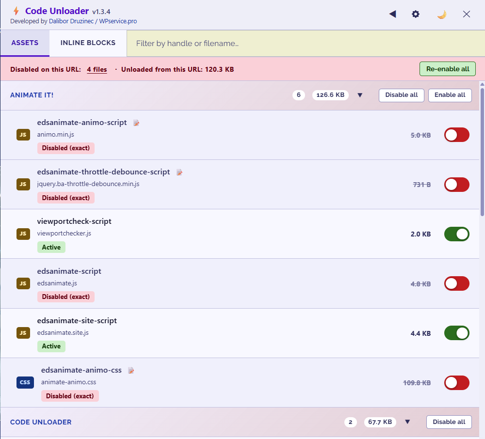 Code Unloader WordPress plugin — frontend panel showing JS and CSS assets grouped by source