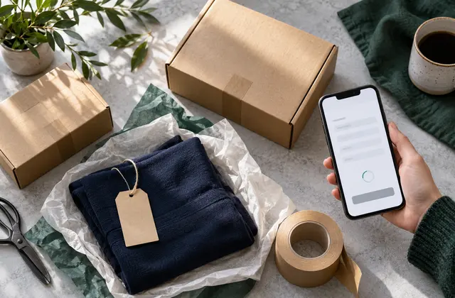 Parcels ready for dispatch beside a phone showing a checkout loading indicator.