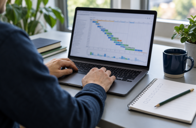 Specialist reviewing a request waterfall on a laptop beside a paper performance checklist