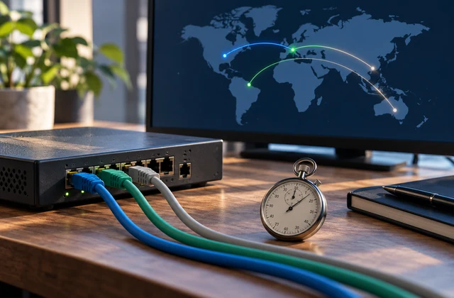 Three network cables, a stopwatch, and a world-map display on a network operations desk.