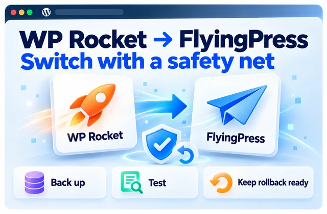 WP Rocket and FlyingPress cards joined by an arrow, with backup, testing, and rollback icons.